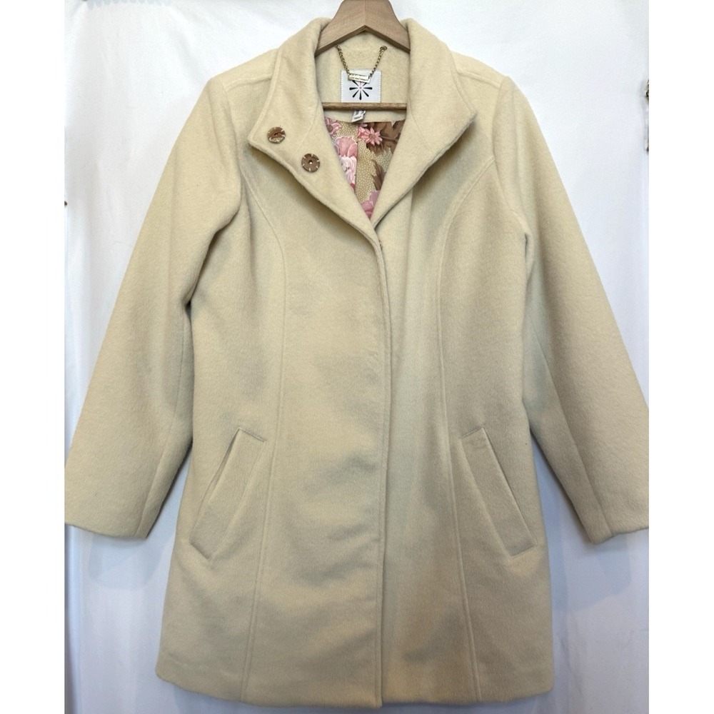 Isaac Mizrahi Womens Floral Lined Pea Coat Size 10 Cream Preppy Classic Timeless - Picture 8 of 13